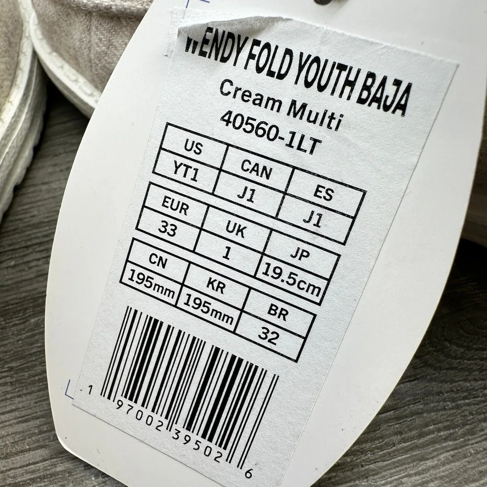 Hey Dude Wendy Fold Youth 1 Cream Multi Baja Slip On Loafers NEW 40560-1LT